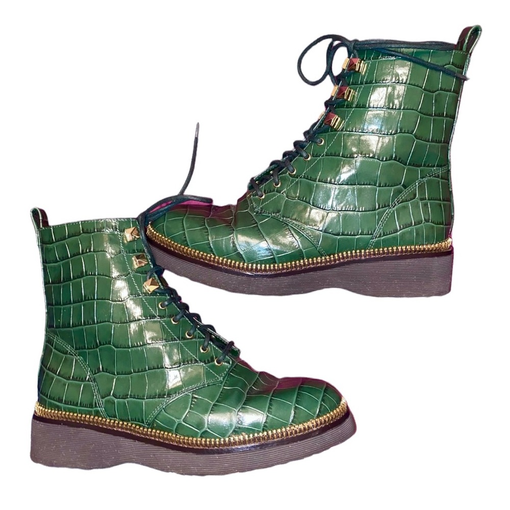 Michael Kors Haskell croc embossed leather bootie, combat boots, moss green, 9.5